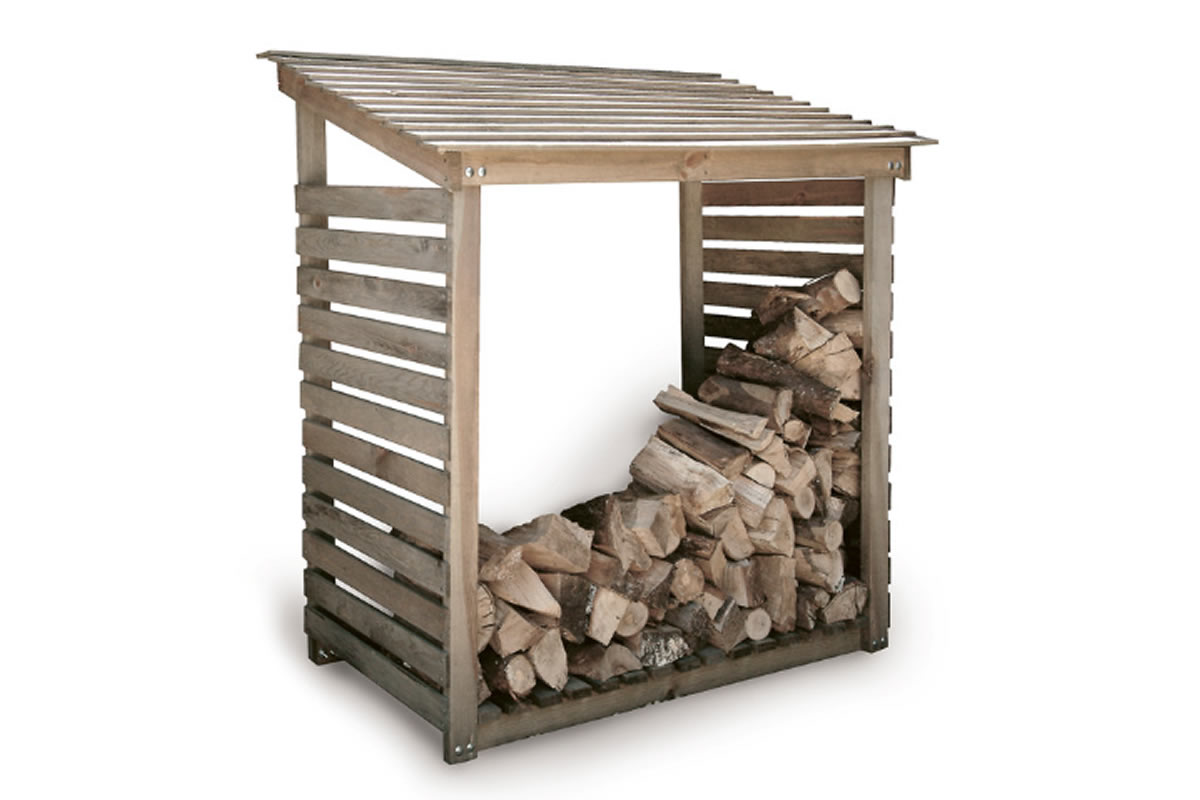View Aldsworth Wide Log Store Crafted From Durable Spruce Wood Stained With A Grey Water Stain Rustic Design Helps To Keep Logs Dry And Organized information