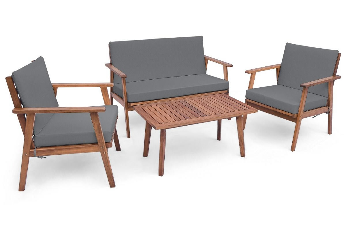 View Turin Wooden Patio Sofa Set One Sofa Two Chairs Matching Coffee Table Acacia Wood Frame Grey Seat Back Cushions With Removable Cover information