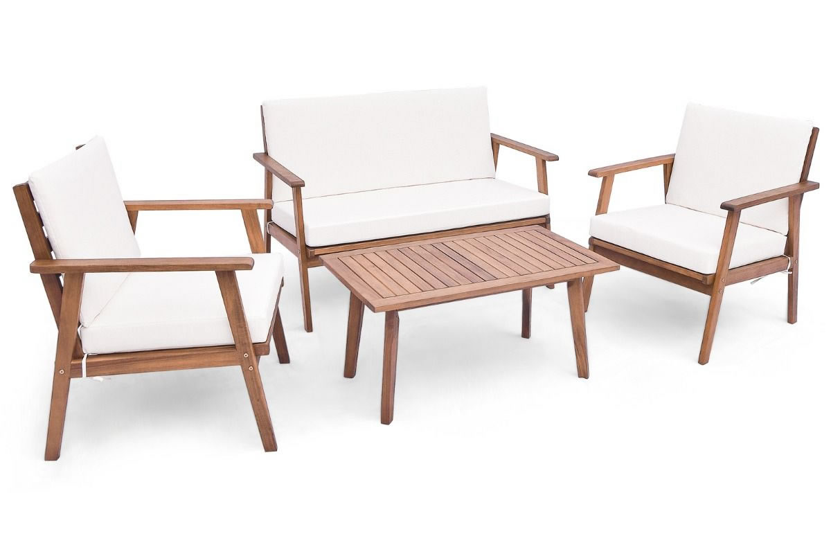 View Turin Wooden Patio Sofa Set One Sofa Two Chairs Matching Coffee Table Acacia Wood Frame White Seat Back Cushions With Removable Cover information