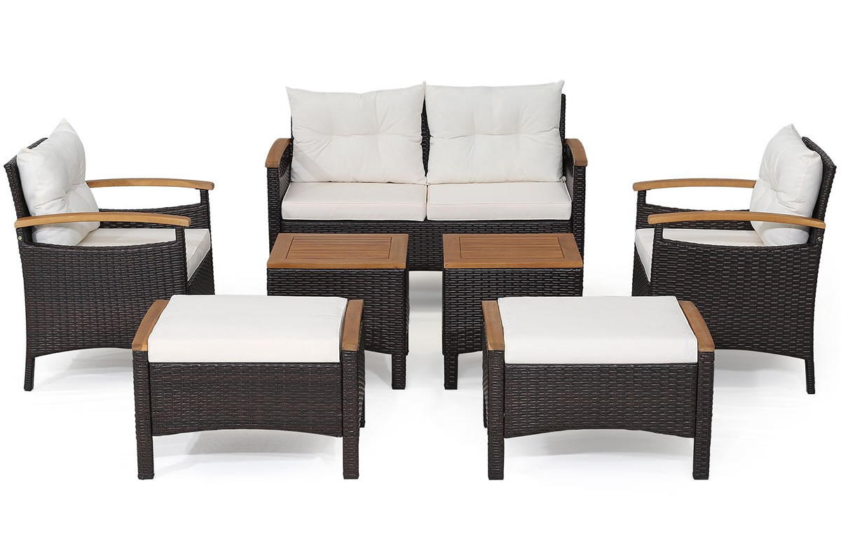 View Hemsby Mix Brown Rattan Patio Set One Brown Rattan Sofa Two Chairs Two Stools Two Coffee Tables Seat Back Cushions With Removable Covers information