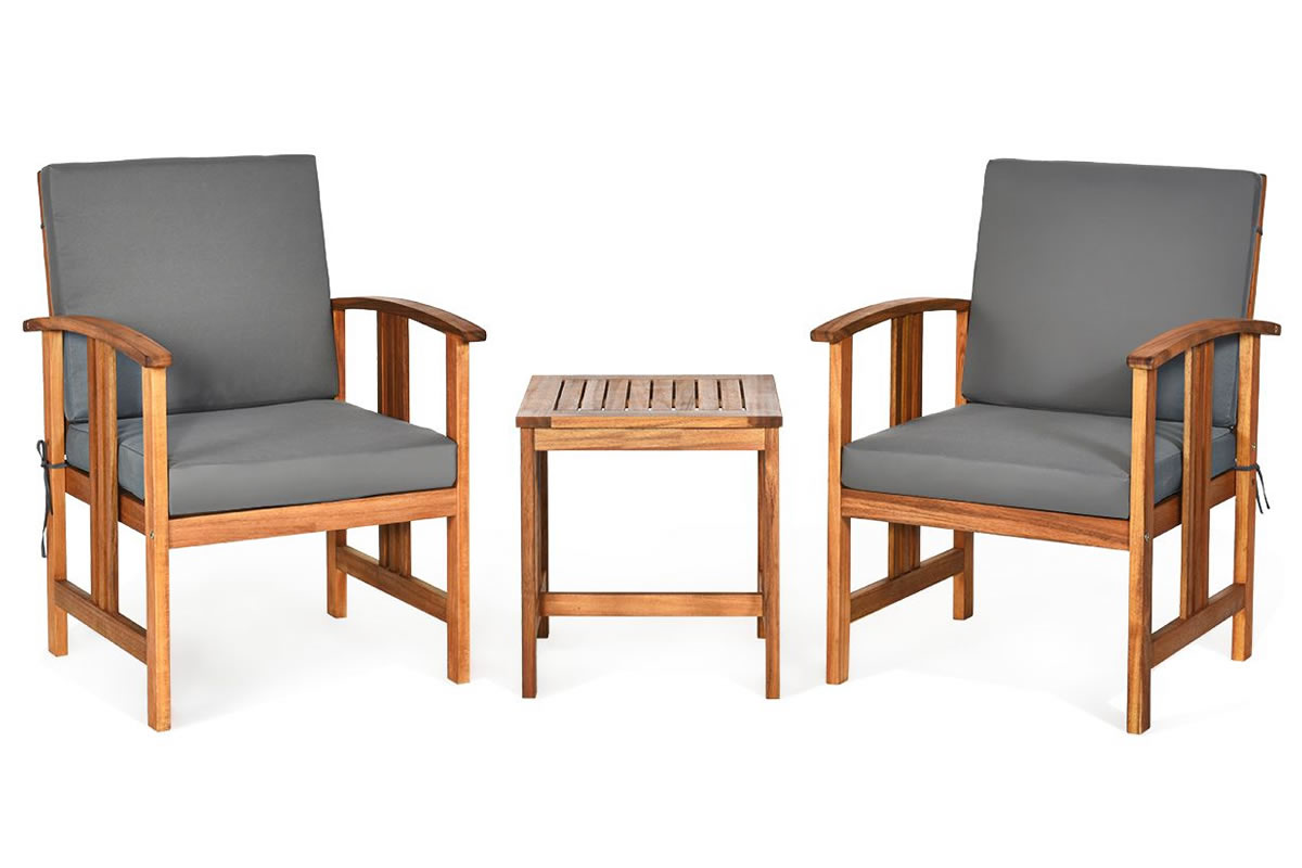 View Moraine Wooden Outdoor Bistro Set Two Chairs Matching Coffee Table Solid Acacia Wood Frame Grey Seat Back Cushions With Removable Covers information
