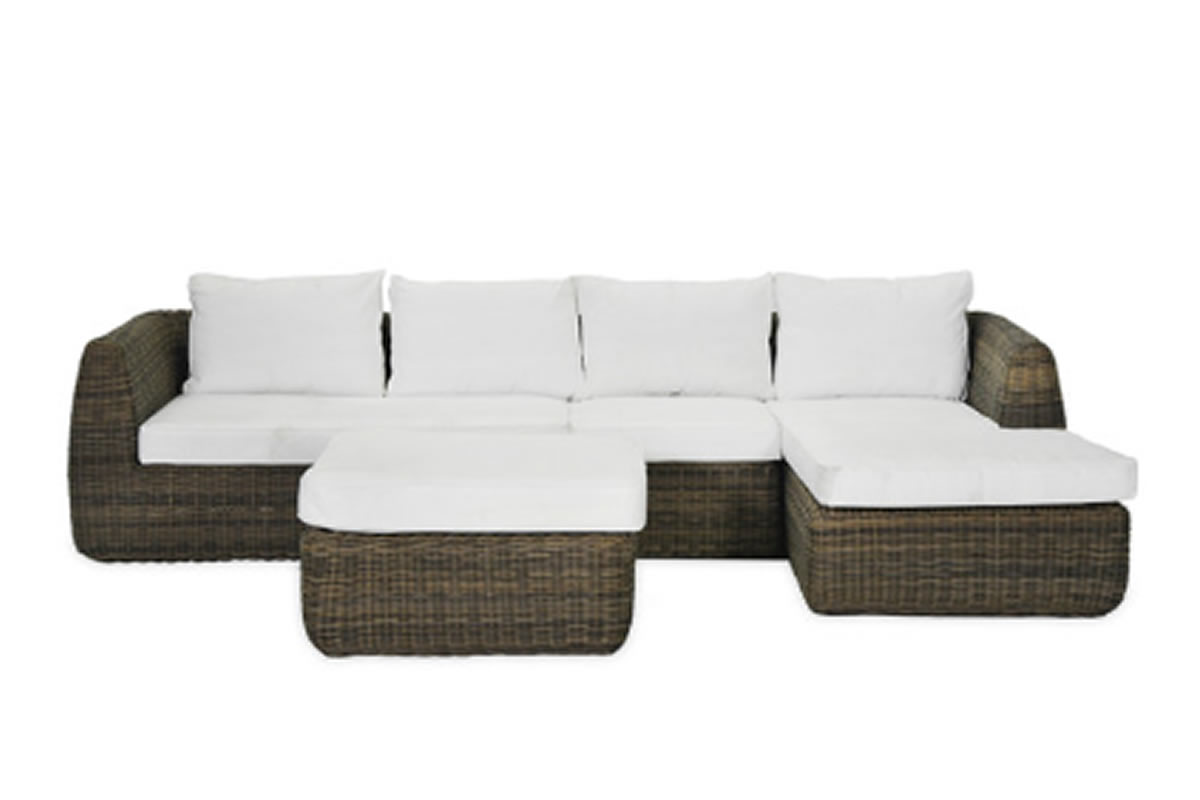 View Skala Mix Brown PE Rattan Outdoor Sofa Set 4Seater LShaped Sofa Footrest Doubling As A Side Table Aluminium Frame White Seat Back Cushions information