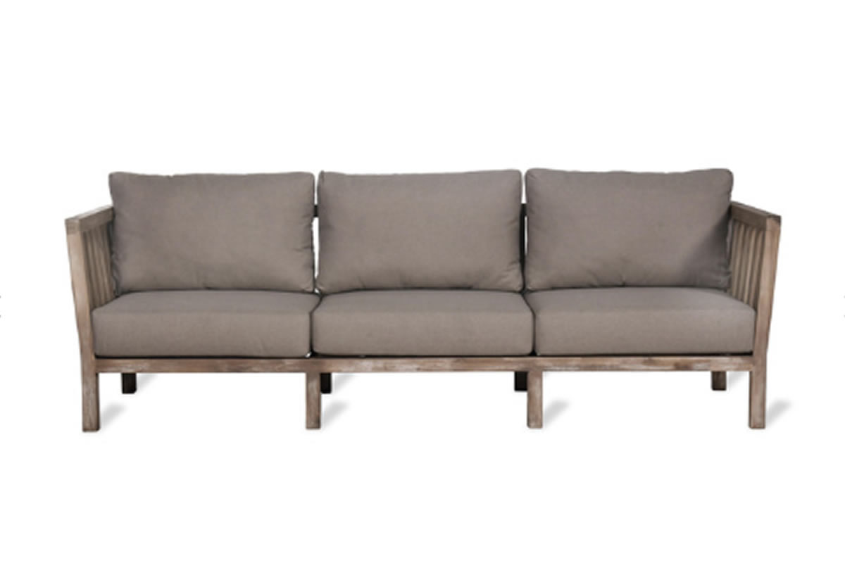 View Porthallow Outdoor 3Seater Sofa Crafted From Durable Neutral Acacia Wood Slatted Arms Deeply Padded Grey Removable Seat Back Cushions information