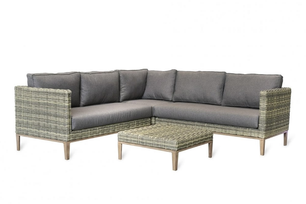 View Walderton Outdoor Corner Sofa Set With Matching Coffee Table Durable Aluminium Frame Crafted In Neutral Rattan Supported By Wood Effect Legs information