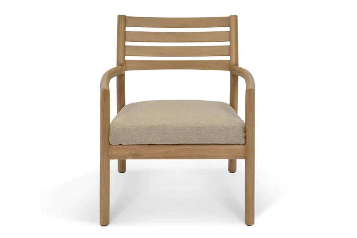 View Somersham Outdoor Armchair Crafted From Solid FSC Acacia Wood FourPanel Slatted Back Design Removable Seat Cushion With Washable Cushion Cover information