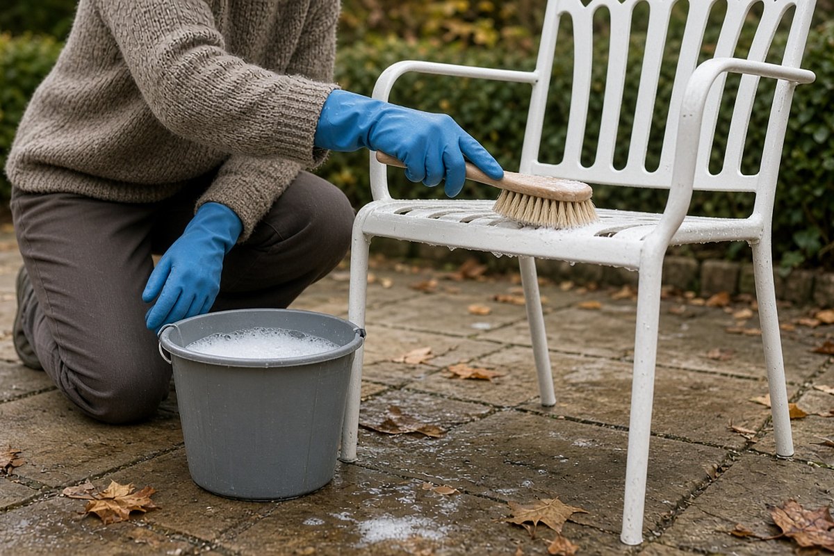 A person in rubber gloves scrubbing a white metal garden chair with a brush, next to a bucket of soapy water