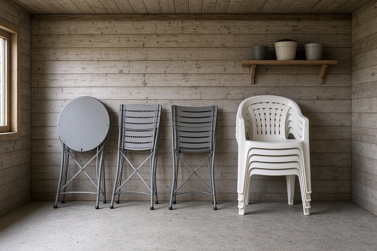 A folded grey metal bistro table and chairs next to stacked white plastic chairs against a garden shed wall