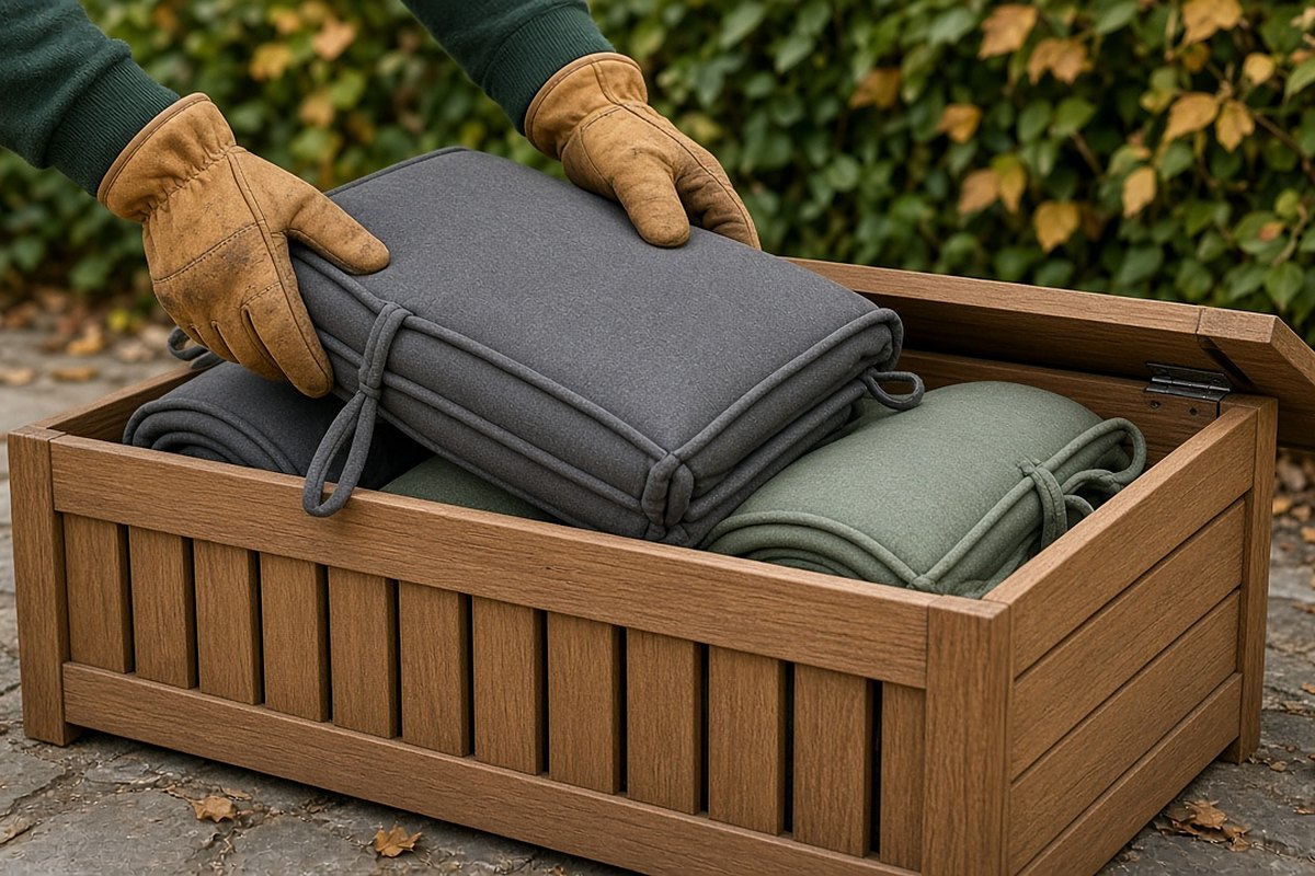 Seat cushions being placed into an open wooden outdoor storage box on a patio