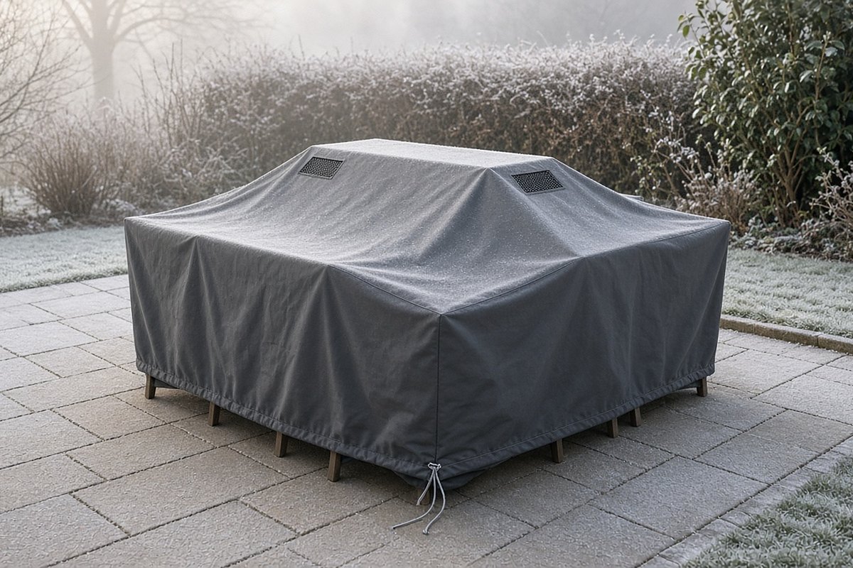 A patio dining set under a fitted grey furniture cover with air vents and a drawcord on a frosty patio